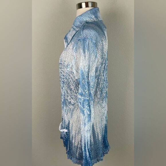Chico's Blue White Perforated Zip Front Jacket Cover Up Mesh Cardigan Boho Sz 3X - Picture 2 of 12